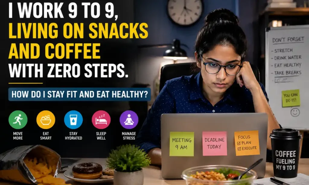 I Work 9 to 9, Living on Snacks and Coffee with Zero Steps. How Do I Stay Fit and Eat Healthy